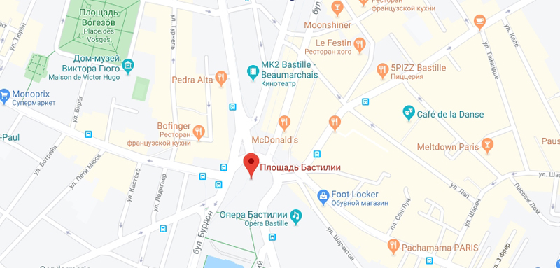Площадь Бастилии на карте Парижа