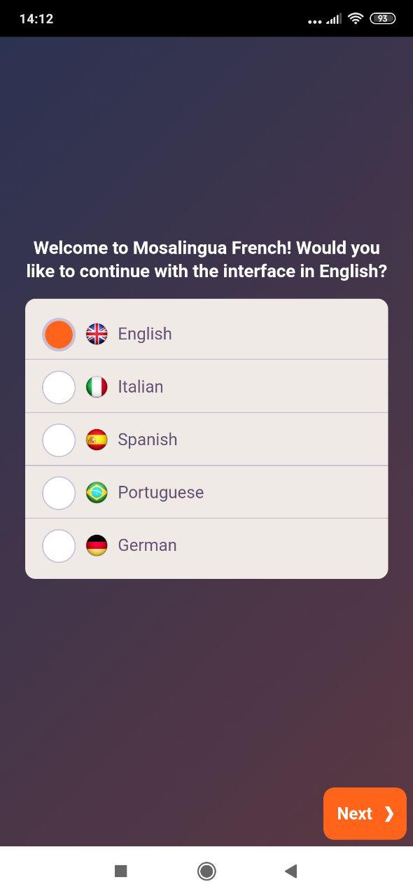Выбор языка в MosaLingua
